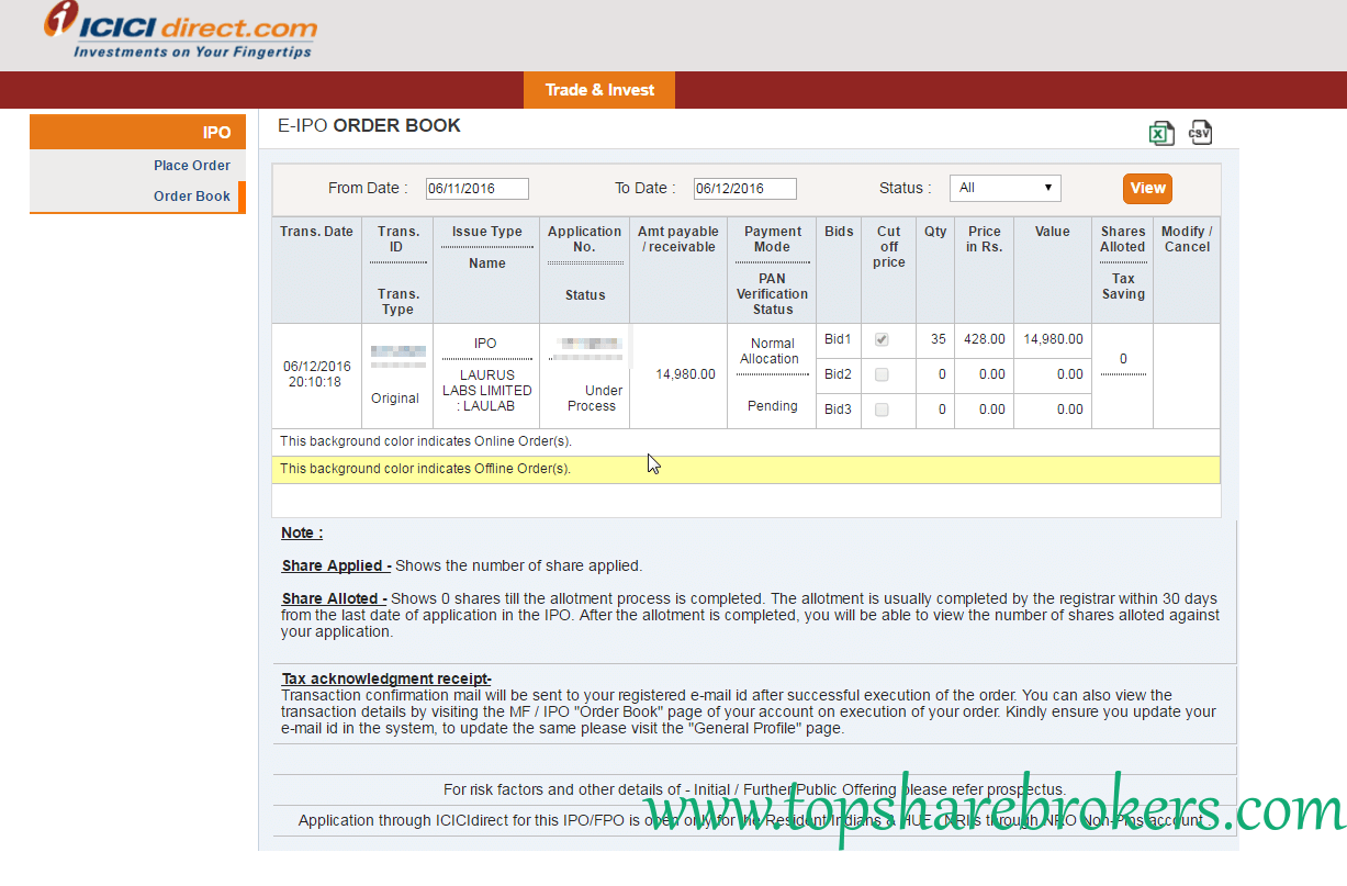 ICICI Bank Online IPO Investment- Order Status